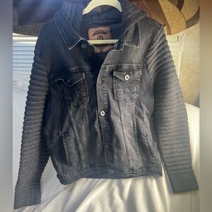 Leif Nelson Black ribbed Sleeves Hooded Denim Jacket Mens Size Large.